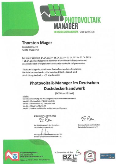 Photovoltaikanlagen von magerdach wuppertal: thorsten mager zum pv-manager zertifiziert
